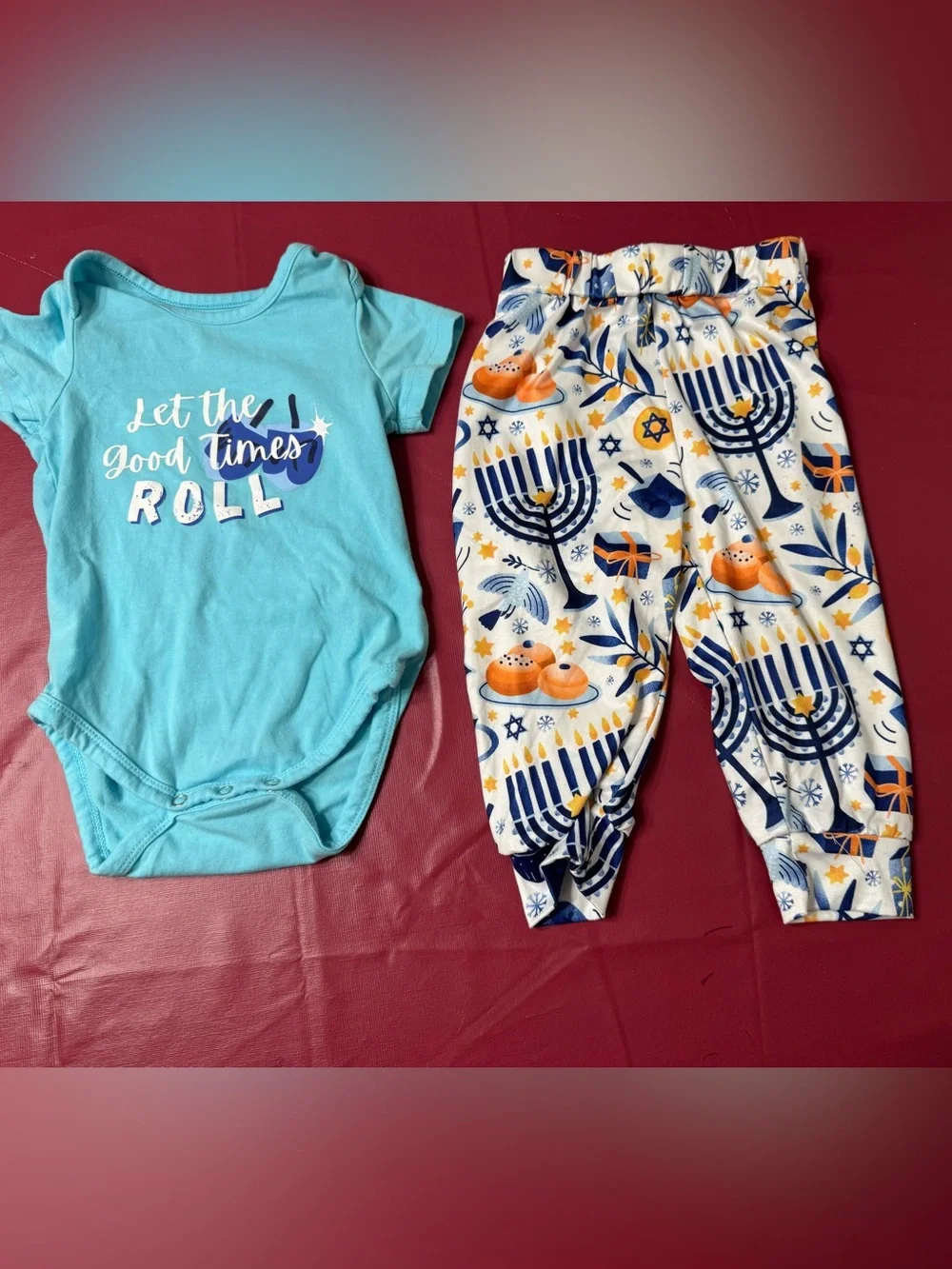 UniqueBaby 12M Hanukkah Outfit 2pc Set – Blue Onesie & Pants